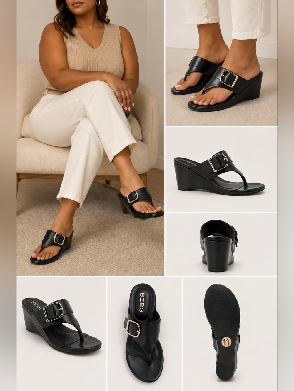 BCBG Black Wedge Thong Sandals with Buckle Accent